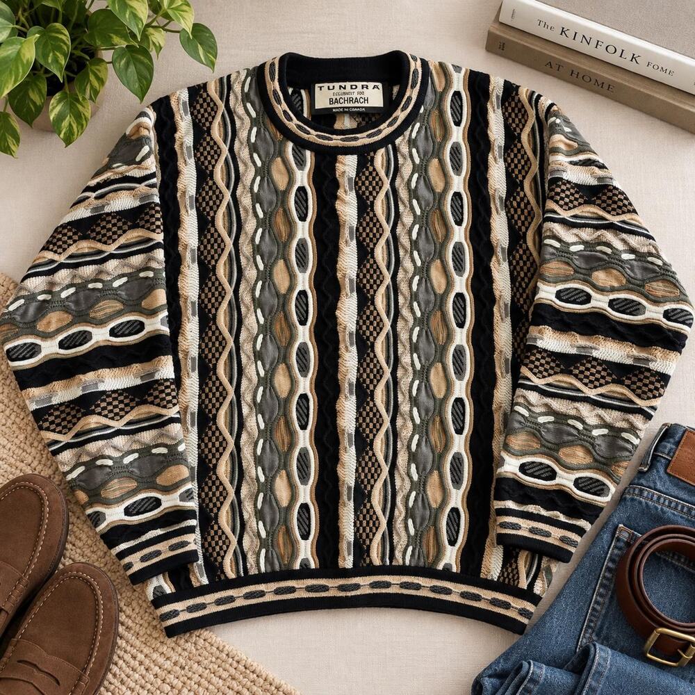 Vintage Tundra Bachrach Sweater Mens M 3D Textured Geometric Knit Made Canada